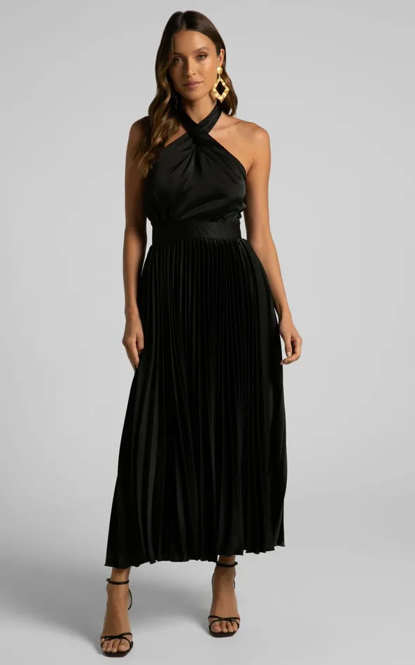 Showpo Eloise Midi Dress 8211 Halter Neck Pleated Dress In Black Women Dresses