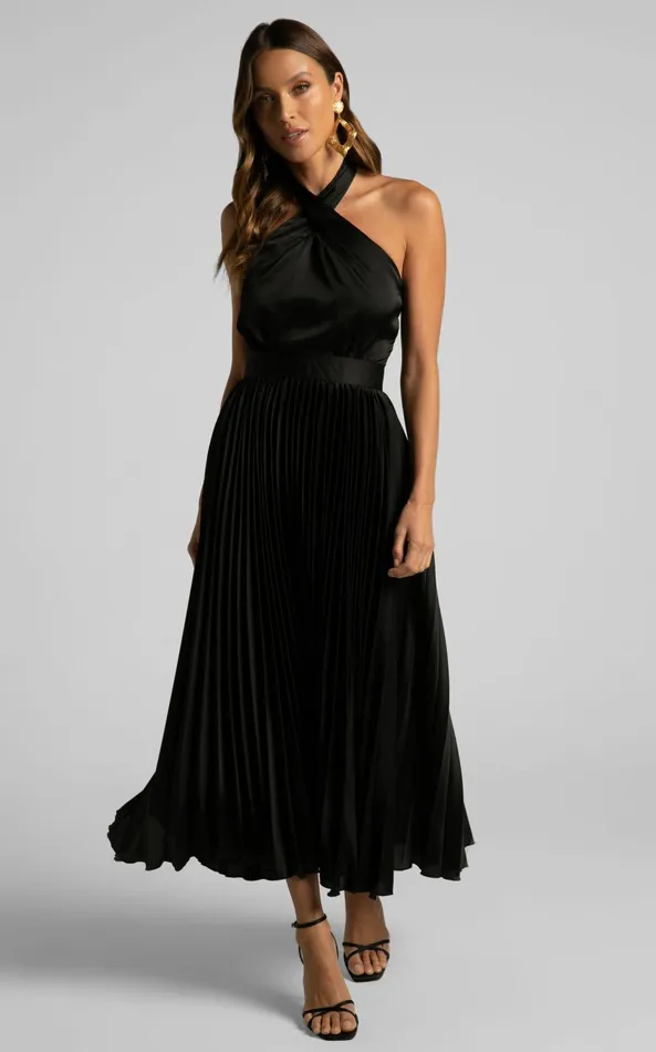 Showpo Eloise Midi Dress 8211 Halter Neck Pleated Dress In Black Women Dresses