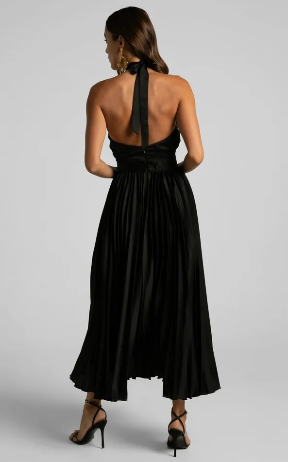 Showpo Eloise Midi Dress 8211 Halter Neck Pleated Dress In Black Women Dresses