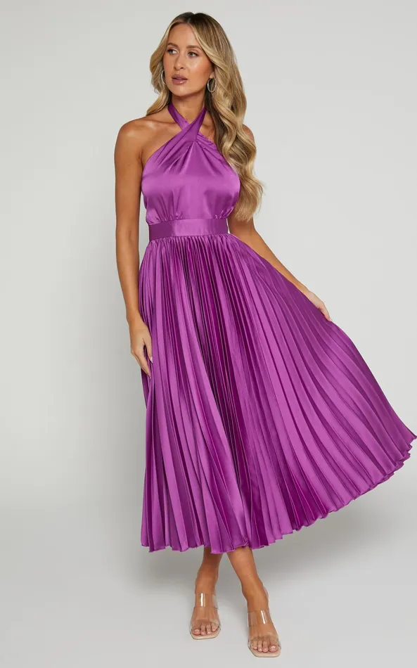 Showpo Eloise Midi Dress 8211 Halter Neck Pleated Dress In Grape Women Dresses Showpo Eloise Midi Dress 8211 Halter Neck Pleated Dress In Grape Women Dresses