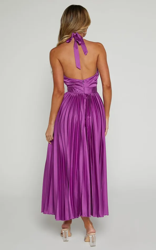 Showpo Eloise Midi Dress 8211 Halter Neck Pleated Dress In Grape Women Dresses