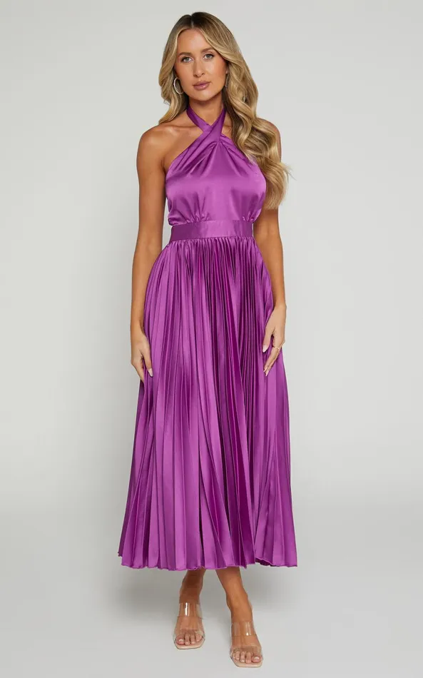 Showpo Eloise Midi Dress 8211 Halter Neck Pleated Dress In Grape Women Dresses