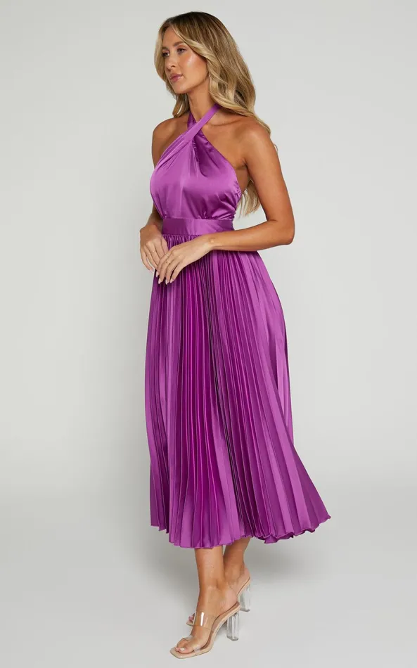 Showpo Eloise Midi Dress 8211 Halter Neck Pleated Dress In Grape Women Dresses