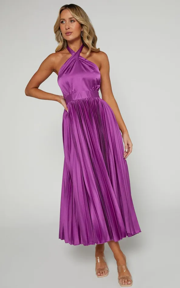 Showpo Eloise Midi Dress 8211 Halter Neck Pleated Dress In Grape Women Dresses