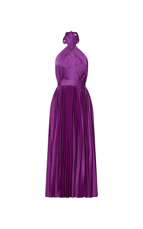 Showpo Eloise Midi Dress 8211 Halter Neck Pleated Dress In Grape Women Dresses