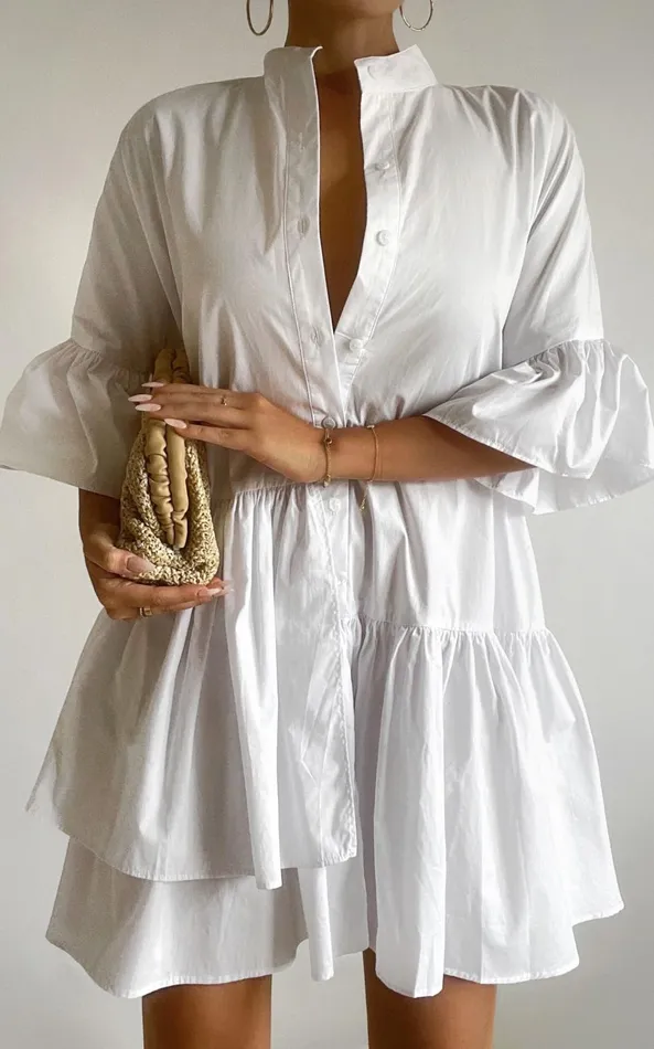 Showpo Elowen Mini Dress 8211 Button Up Asymmetrical Tiered Smock Dress In White Women Dresses Showpo Elowen Mini Dress 8211 Button Up Asymmetrical Tiered Smock Dress In White Women Dresses