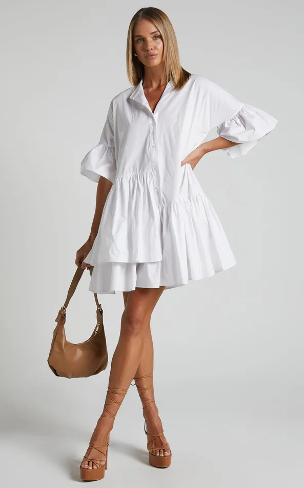 Showpo Elowen Mini Dress 8211 Button Up Asymmetrical Tiered Smock Dress In White Women Dresses