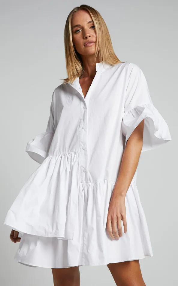 Showpo Elowen Mini Dress 8211 Button Up Asymmetrical Tiered Smock Dress In White Women Dresses