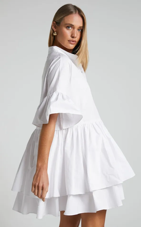 Showpo Elowen Mini Dress 8211 Button Up Asymmetrical Tiered Smock Dress In White Women Dresses
