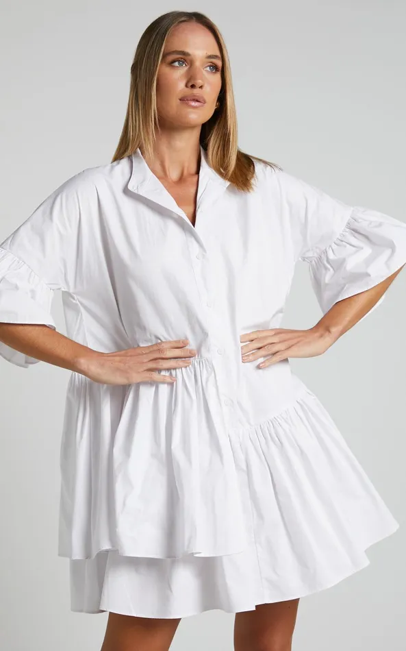 Showpo Elowen Mini Dress 8211 Button Up Asymmetrical Tiered Smock Dress In White Women Dresses