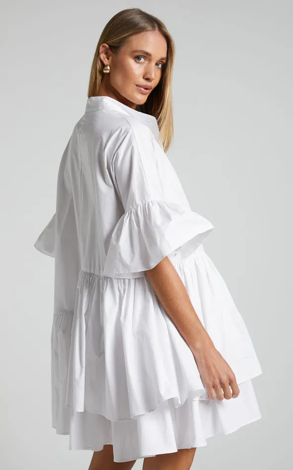Showpo Elowen Mini Dress 8211 Button Up Asymmetrical Tiered Smock Dress In White Women Dresses