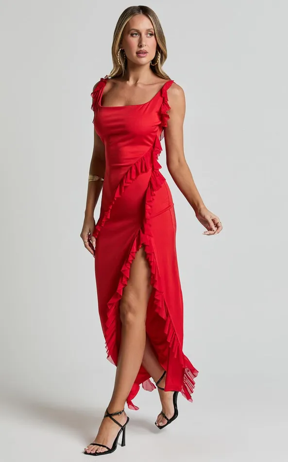 Showpo Elsa Midi Dress 8211 Halter Neck Frill Trim Detail Dress In Red Women Dresses