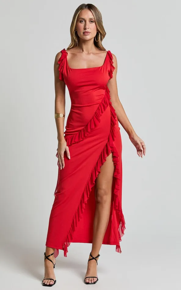 Showpo Elsa Midi Dress 8211 Halter Neck Frill Trim Detail Dress In Red Women Dresses