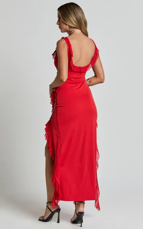 Showpo Elsa Midi Dress 8211 Halter Neck Frill Trim Detail Dress In Red Women Dresses