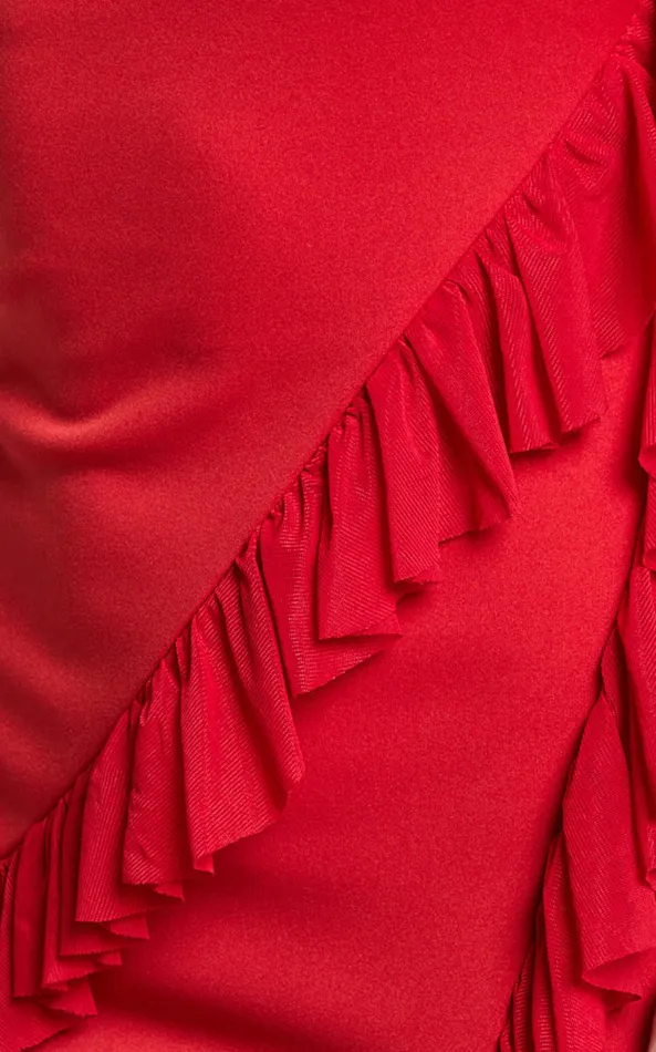 Showpo Elsa Midi Dress 8211 Halter Neck Frill Trim Detail Dress In Red Women Dresses