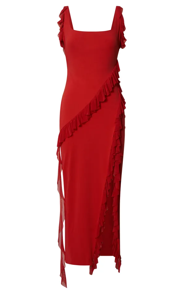 Showpo Elsa Midi Dress 8211 Halter Neck Frill Trim Detail Dress In Red Women Dresses
