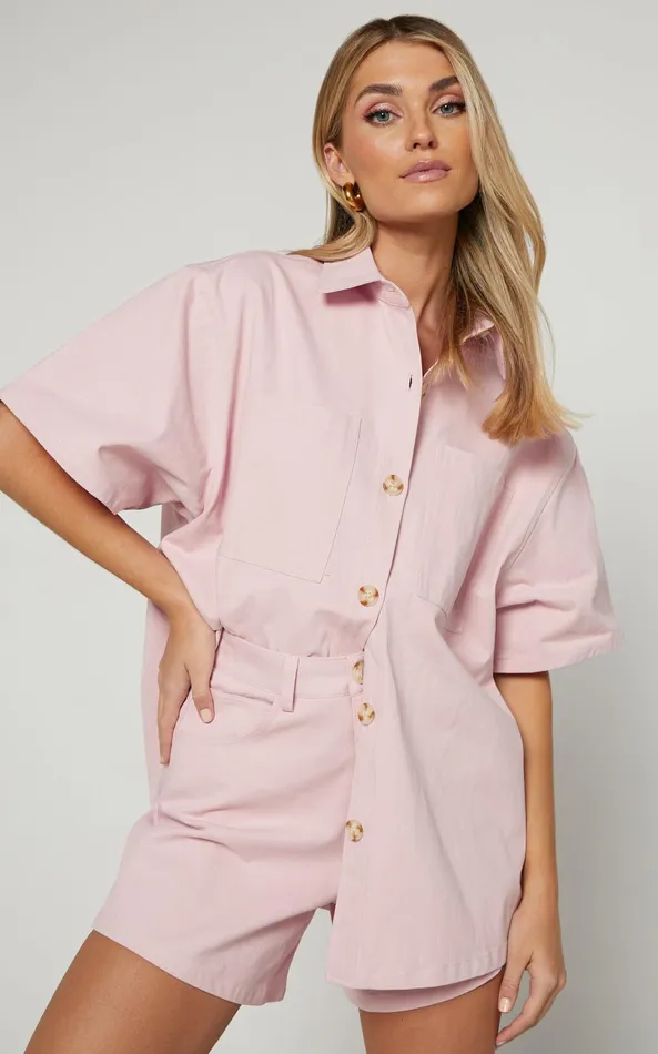 Showpo Elsa Two Piece Set 8211 Collared Button Through Short Sleeve Shirt High Waisted Shorts In Pale Pink Women Two Piece Sets and Coords