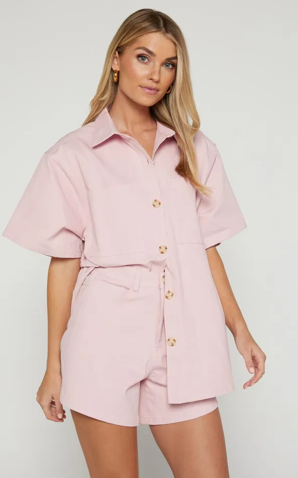 Showpo Elsa Two Piece Set 8211 Collared Button Through Short Sleeve Shirt High Waisted Shorts In Pale Pink Women Two Piece Sets and Coords
