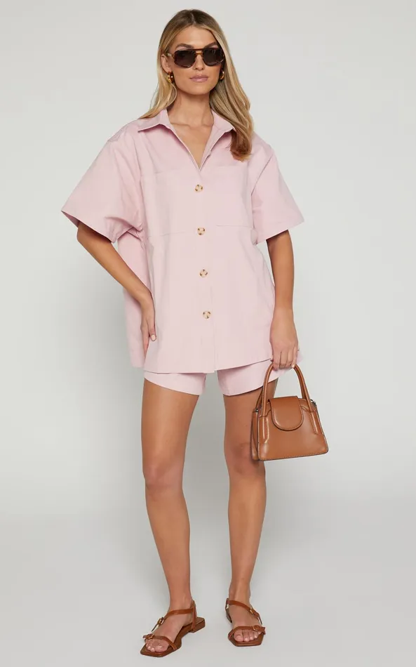 Showpo Elsa Two Piece Set 8211 Collared Button Through Short Sleeve Shirt High Waisted Shorts In Pale Pink Women Two Piece Sets and Coords