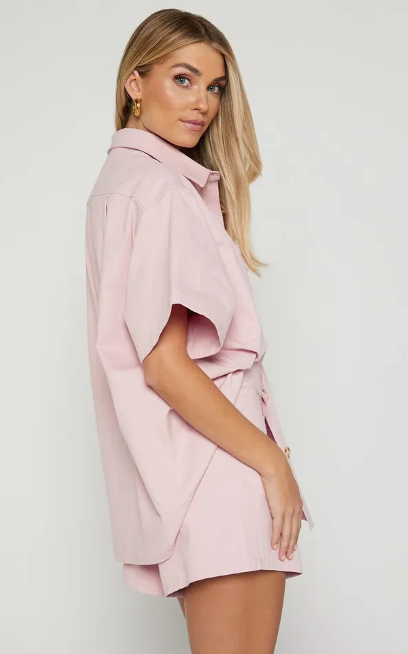 Showpo Elsa Two Piece Set 8211 Collared Button Through Short Sleeve Shirt High Waisted Shorts In Pale Pink Women Two Piece Sets and Coords