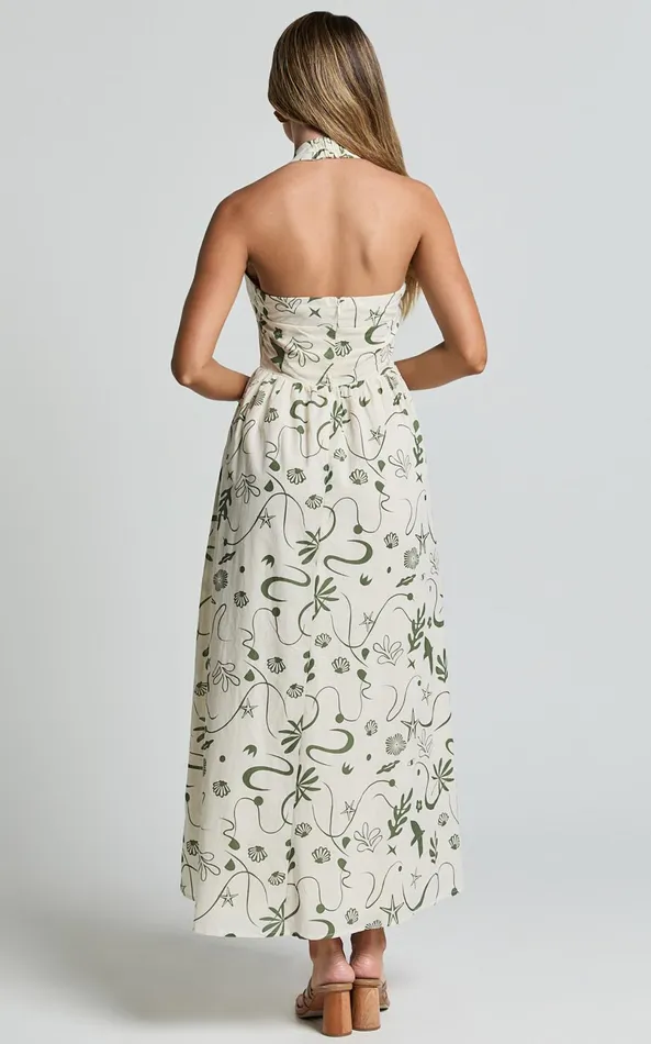 Showpo Elsie Maxi Dress 8211 Fit and Flare Halter Neck Maxi Dress In Sage Print Women Dresses