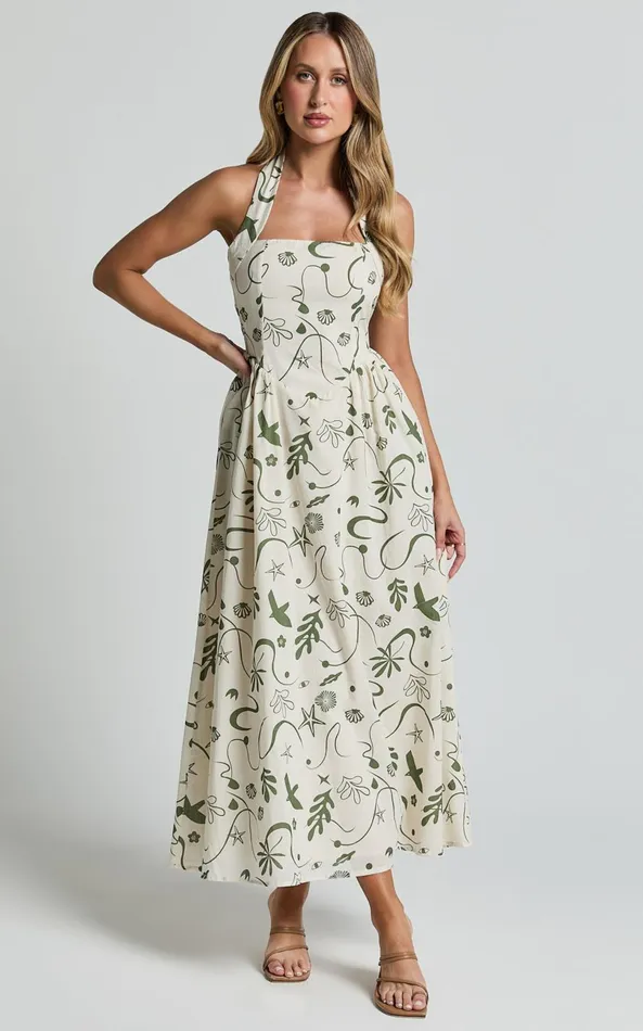 Showpo Elsie Maxi Dress 8211 Fit and Flare Halter Neck Maxi Dress In Sage Print Women Dresses