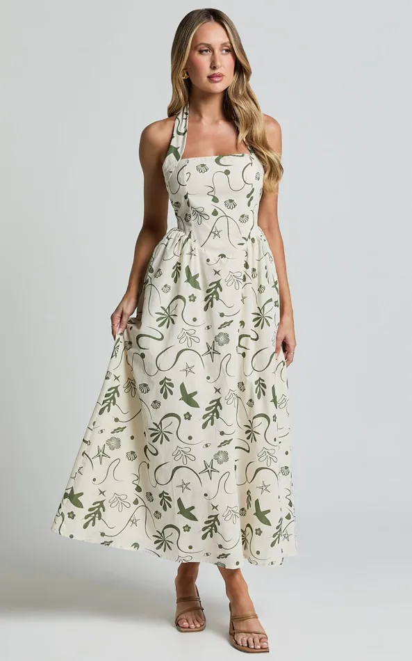 Showpo Elsie Maxi Dress 8211 Fit and Flare Halter Neck Maxi Dress In Sage Print Women Dresses