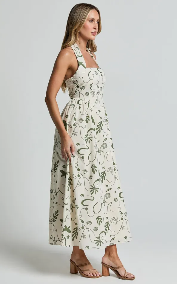 Showpo Elsie Maxi Dress 8211 Fit and Flare Halter Neck Maxi Dress In Sage Print Women Dresses