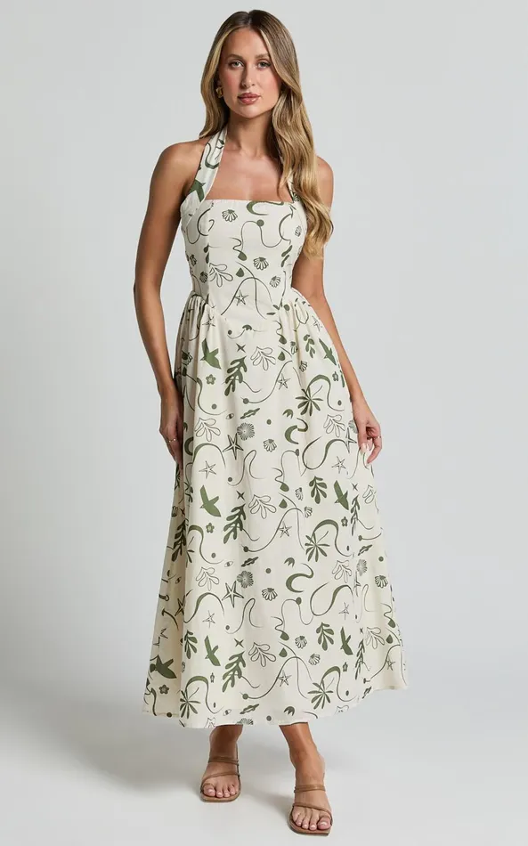 Showpo Elsie Maxi Dress 8211 Fit and Flare Halter Neck Maxi Dress In Sage Print Women Dresses