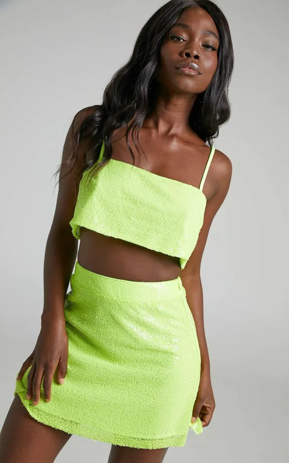 Showpo Elswyth Mini Skirt 8211 Side Split Sequin Skirt In Citrus Women Skirts