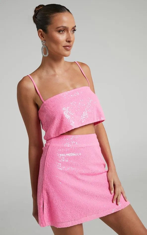 Showpo Elswyth Mini Skirt 8211 Side Split Sequin Skirt In Pink Women Skirts