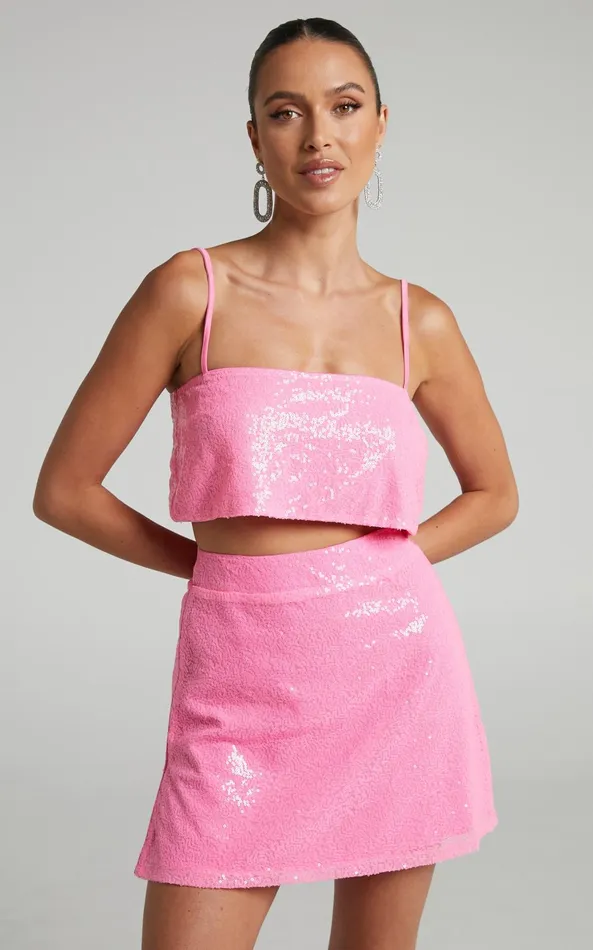 Showpo Elswyth Mini Skirt 8211 Side Split Sequin Skirt In Pink Women Skirts