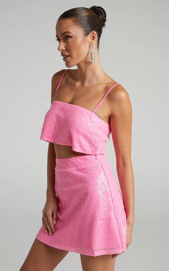 Showpo Elswyth Mini Skirt 8211 Side Split Sequin Skirt In Pink Women Skirts