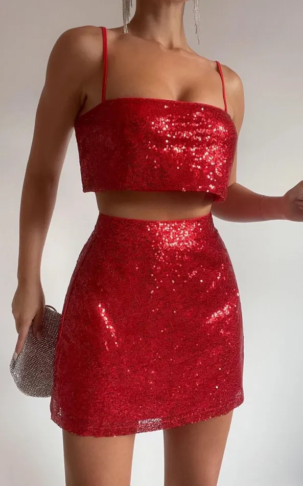 Showpo Elswyth Mini Skirt 8211 Side Split Sequin Skirt In Red Women Skirts