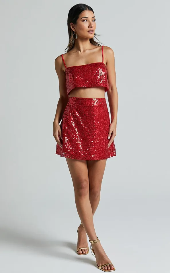 Showpo Elswyth Mini Skirt 8211 Side Split Sequin Skirt In Red Women Skirts