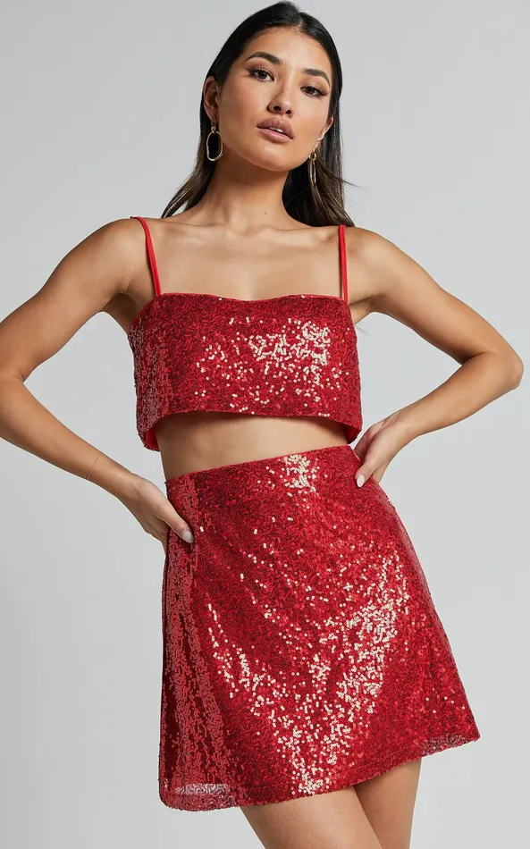 Showpo Elswyth Mini Skirt 8211 Side Split Sequin Skirt In Red Women Skirts