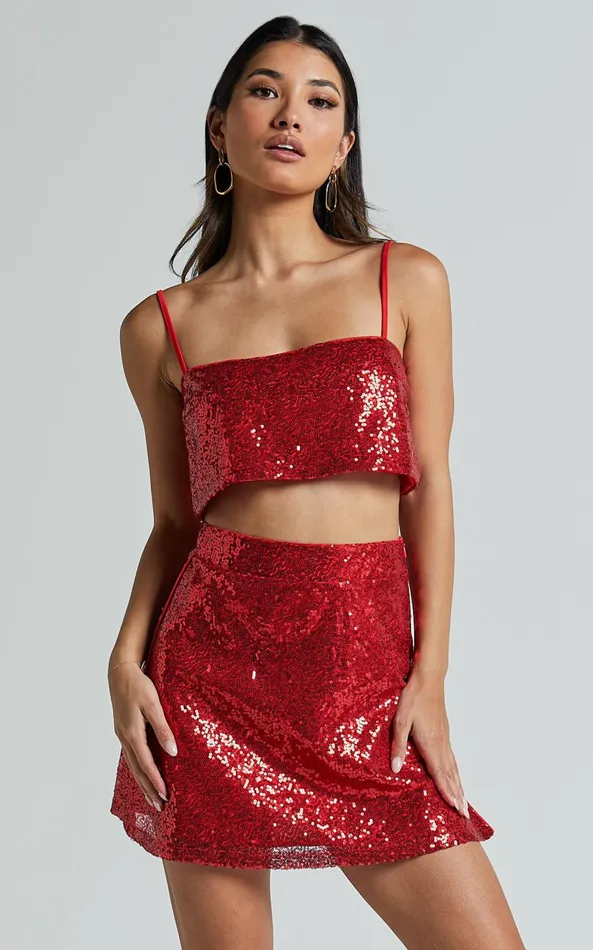 Showpo Elswyth Mini Skirt 8211 Side Split Sequin Skirt In Red Women Skirts