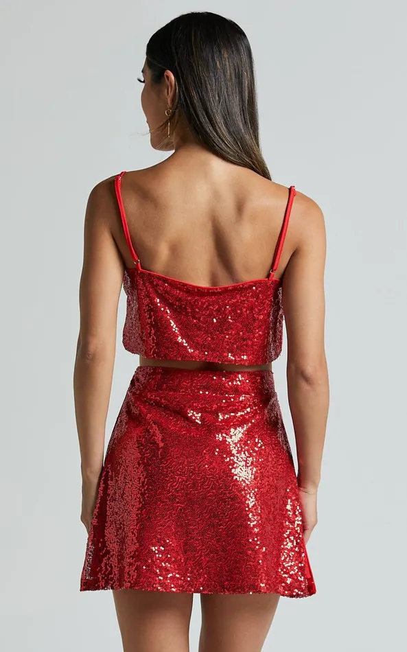 Showpo Elswyth Mini Skirt 8211 Side Split Sequin Skirt In Red Women Skirts