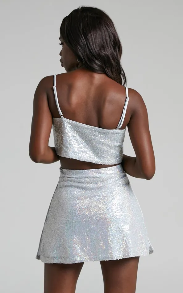 Showpo Elswyth Mini Skirt 8211 Side Split Sequin Skirt In Silver Women Skirts