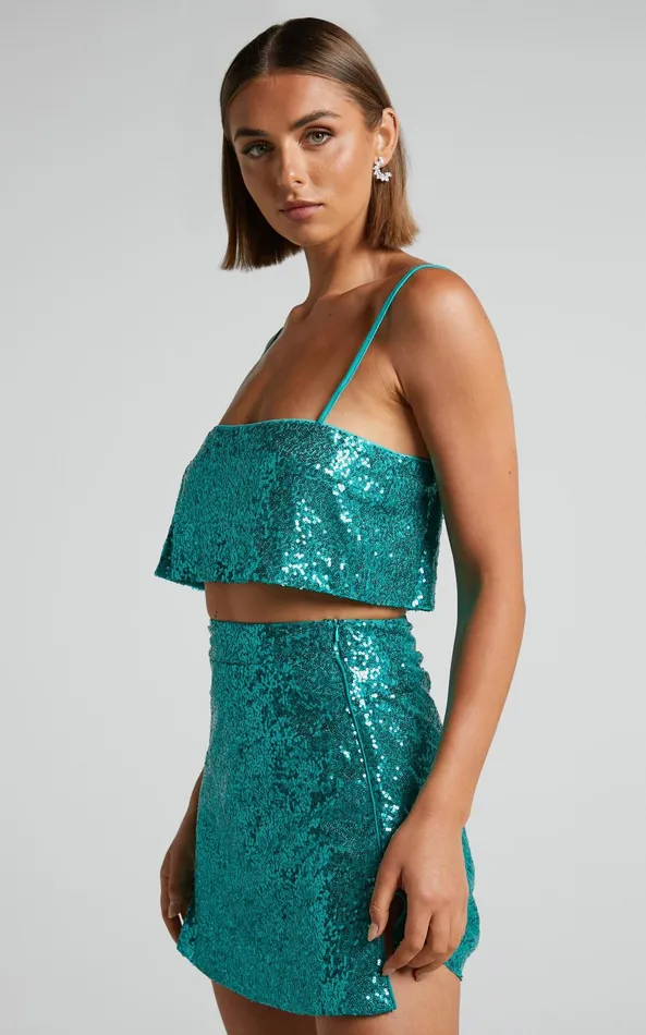 Showpo Elswyth Mini Skirt 8211 Side Split Sequin Skirt In Teal Women Skirts
