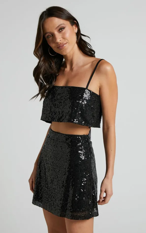 Showpo Elswyth Top 8211 Strappy Sequin Crop Cami Top In Black Sequin Women Tops