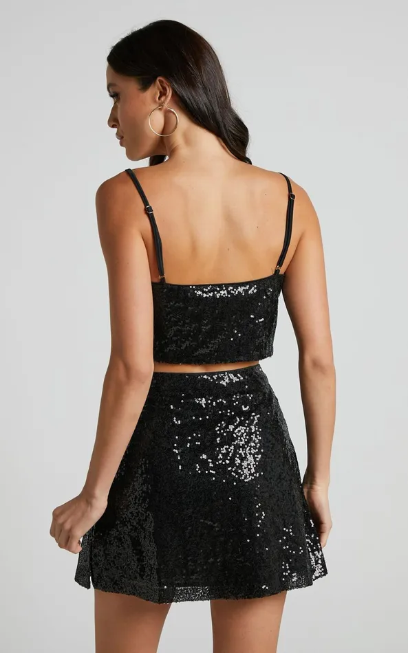 Showpo Elswyth Top 8211 Strappy Sequin Crop Cami Top In Black Sequin Women Tops