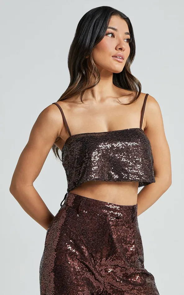 Showpo Elswyth Top 8211 Strappy Sequin Crop Cami Top In Chocolate Women Tops