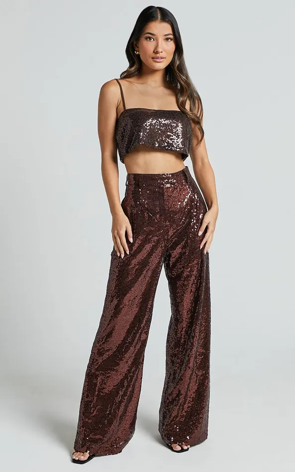 Showpo Elswyth Top 8211 Strappy Sequin Crop Cami Top In Chocolate Women Tops
