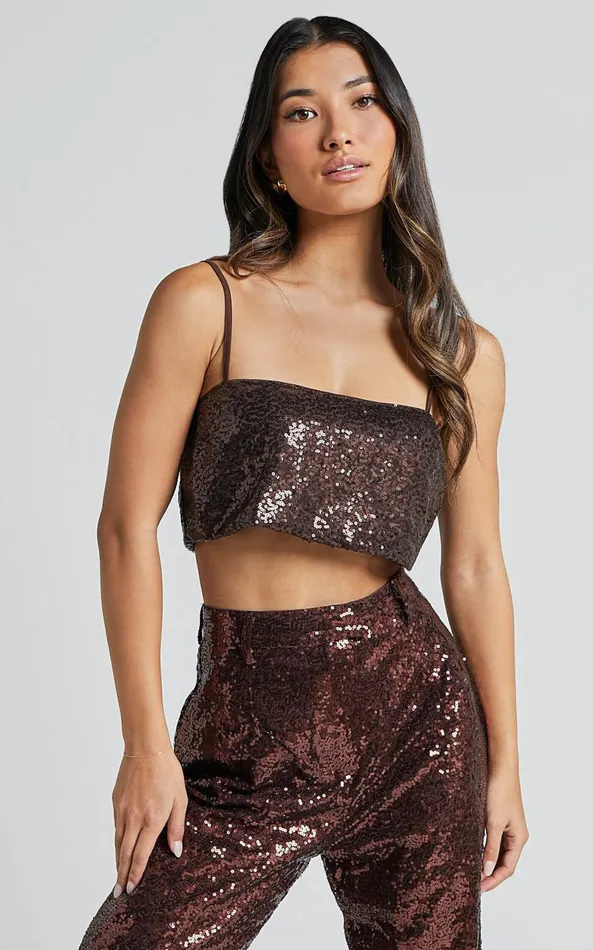 Showpo Elswyth Top 8211 Strappy Sequin Crop Cami Top In Chocolate Women Tops