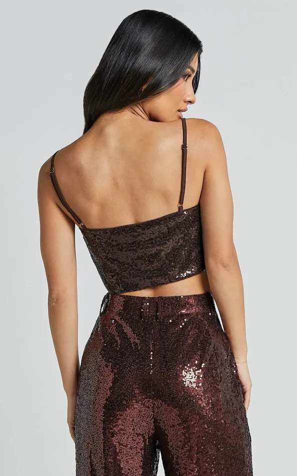 Showpo Elswyth Top 8211 Strappy Sequin Crop Cami Top In Chocolate Women Tops