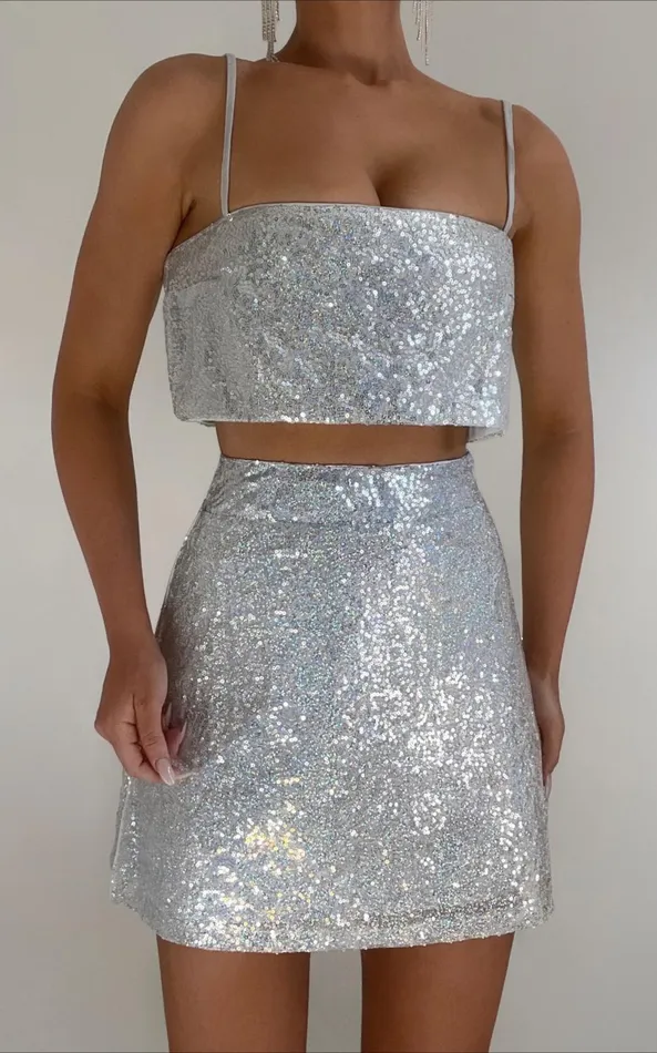 Showpo Elswyth Top 8211 Strappy Sequin Crop Cami Top In Silver Women Tops