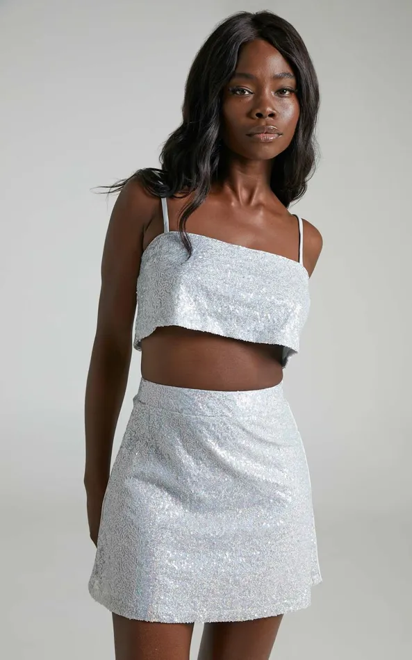 Showpo Elswyth Top 8211 Strappy Sequin Crop Cami Top In Silver Women Tops
