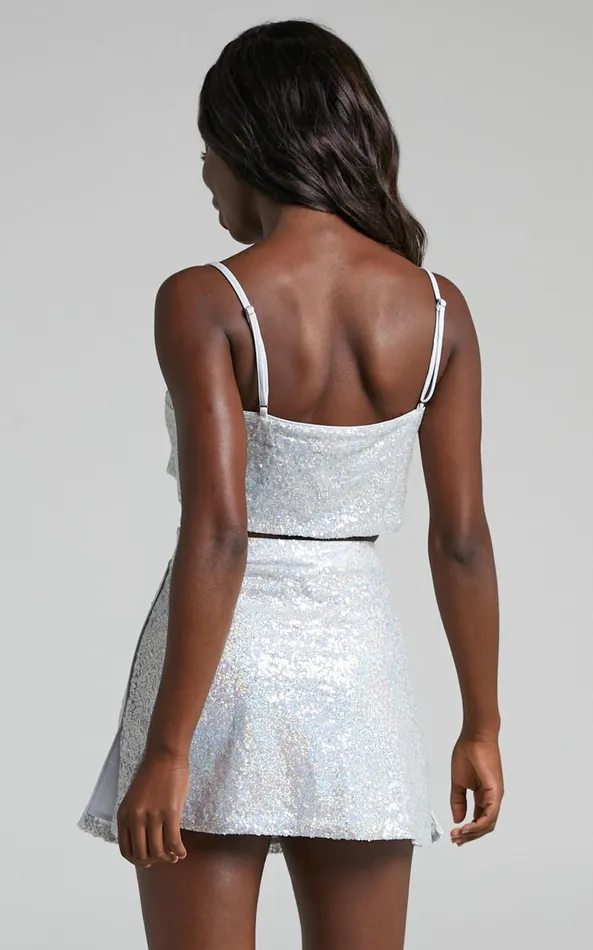 Showpo Elswyth Top 8211 Strappy Sequin Crop Cami Top In Silver Women Tops