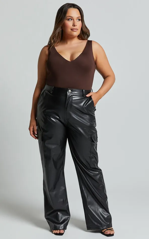 Showpo Elviera Pants 8211 High Waisted Faux Leather Cargo Pants In Black Women Curve Clothes